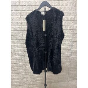 Joan Vass New York Womens 2X Black Eyelash Knit Shaggy Open Front Vest NWT